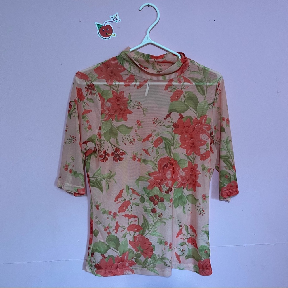 Anthropologie Floral Mesh Blouse - Red and Green